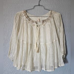 RAGA Cream Metallic Boho Tunic with Embroidered Neck Size S